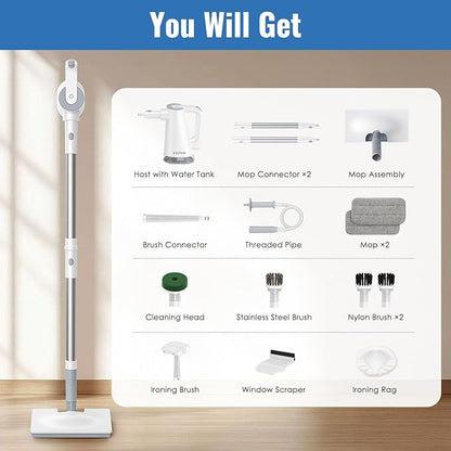 FEPPO Steam Mop with Detachable Handheld Steam Cleaner for Home and Floor Cleaning, 10-in-1 Multi-purpose Attachments & 2 Pads, Powerful Steamer for Floors, Hardwood, Tiles,Grout,Windows,Kitchen,Bath