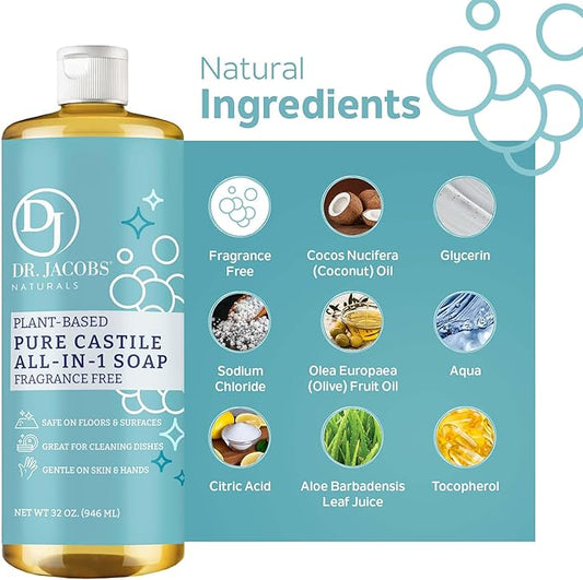 Dr. Jacobs Naturals Fragrance Free Castile All-In-One Cleaner and Soap, Effective Plant-Based Formula for House Cleaning. Eco-friendly for Home Essentials and the Planet (32 Fl Oz, 1 Pack)
