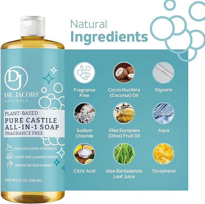Dr. Jacobs Naturals Fragrance Free Castile All-In-One Cleaner and Soap, Effective Plant-Based Formula for House Cleaning. Eco-friendly for Home Essentials and the Planet (32 Fl Oz, 1 Pack)