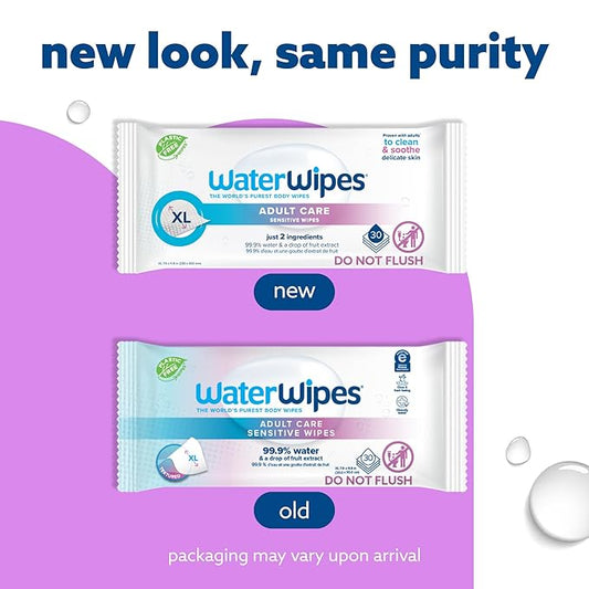 WaterWipes Adult Care Sensitive Body & Intimate Hygiene Wipes, 30 Wipes (1 Pack), Extra Large Textured, 99.9% Water-Based, For Everyday Personal Uses