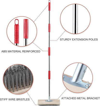 Heavy Duty Wire Broom with Telescopic Handle(57IN), Stiff Metal Bristle Brush for Removing Weed Moss, Outdoor Floor Scrub Brush for Patio, Deck, Garden, Concrete, Garage