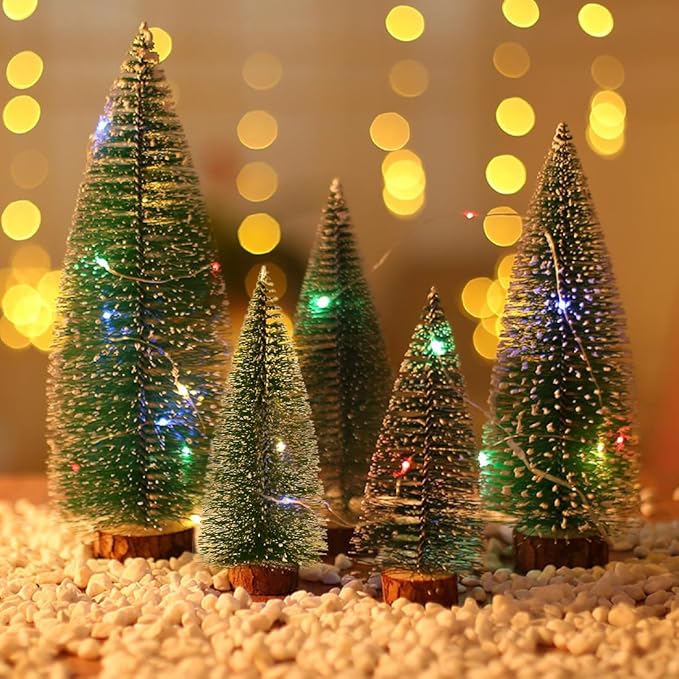 7PCS Small Christmas Trees, Bottle Brush Christmas Trees Mini Sisal Snow Frost Trees Pine Trees with Wood Base Tabletop Mini Christmas Village Tree for Holiday Decorations