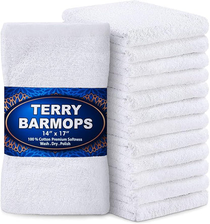 GREEN LIFESTYLE Terry Kitchen Bar Mops Kitchen Towel 12 Pack, Pure Cotton White Dish Cloths, Rags, Restaurant Cleaning Towels Ring Spun 100% Cotton, 14x17 inches