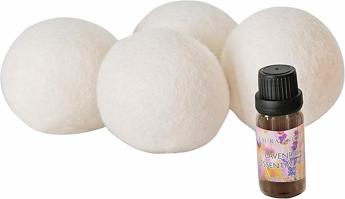 Laura Ashley 4 Pack Reusable Wool Dryer Balls and Lavender Essential Oil Kit to Soften Clothes in Dryer and Reduce Wrinkles and Static
