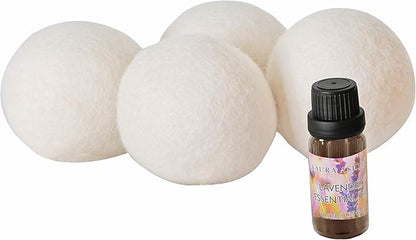 Laura Ashley 4 Pack Reusable Wool Dryer Balls and Lavender Essential Oil Kit to Soften Clothes in Dryer and Reduce Wrinkles and Static
