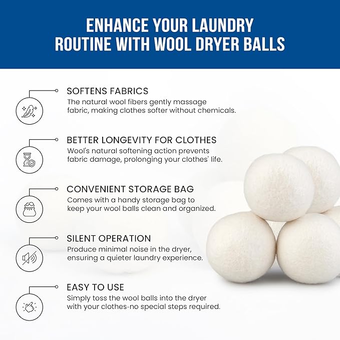 Quality Wool Dryer Balls - 6 XL Pack - 1000+ Loads - Pure Organic Wool - Reusable Natural Fabric Softener Perfect with Essential Oils, Reduce Clothing Static and Wrinkles