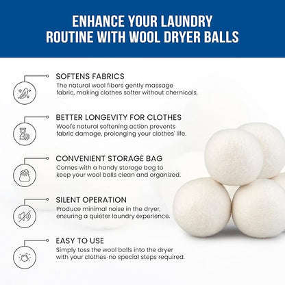 Quality Wool Dryer Balls - 6 XL Pack - 1000+ Loads - Pure Organic Wool - Reusable Natural Fabric Softener Perfect with Essential Oils, Reduce Clothing Static and Wrinkles
