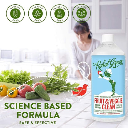 Rebel Green Fruit & Veggie Wash - Natural Produce Wash - Plant-Based Vegetable Wash Spray - Fruit and Vegetable Wash with No Aftertaste - Sustainable Food Wash - (34 oz Refill Bottles, 6 Pack)