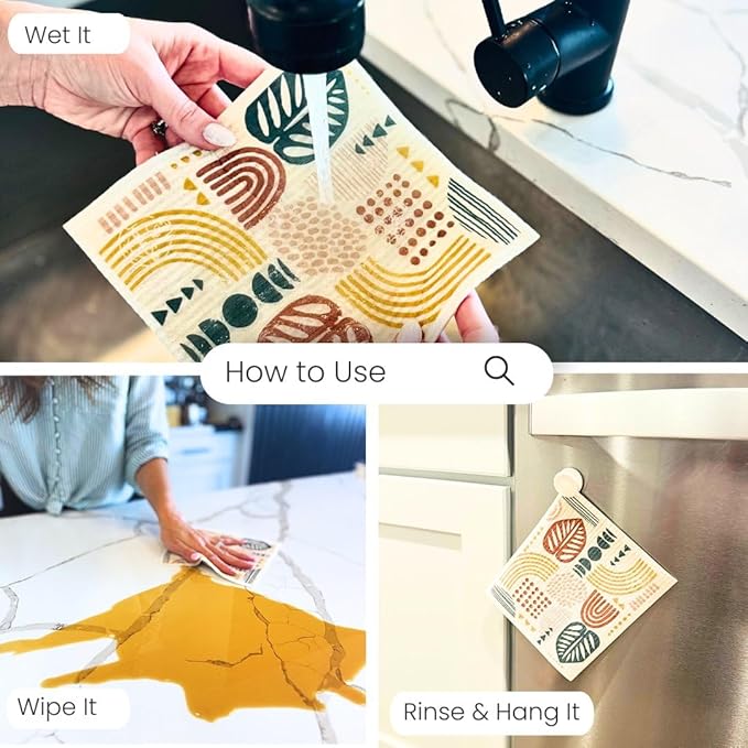Harps&Seb Swedish Dishcloths for Kitchen Dish Towels - 6 Pack, Reusable Paper Towels with Clips, Super Absorbent Washable Non-Scratch Swedish Dish Towels, No Odor, Biodegradable