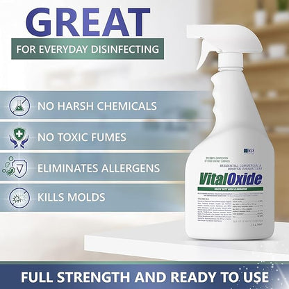 Vital Oxide Disinfectant, Deodorizer, Cleaner, Food-Contact Sanitizer, Virucide – (EPA registration #82972-1) – Kills Mold & Mildew, Eliminates Odors – 32 oz, & (2) 3 oz Bottles