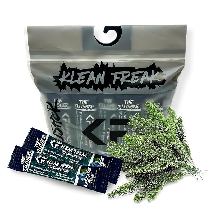 THE KLEAN FREAK FLUSHER - Flushable Wipes For Adults & Kids - 100% BIODEGRADABLE Individual Wrapped Travel WET Wipe for Toilet - Soothing Aloe & Witch Hazel - Alcohol Free 20 Pack - Kascade Pine