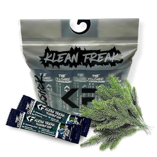 THE KLEAN FREAK FLUSHER - Flushable Wipes For Adults & Kids - 100% BIODEGRADABLE Individual Wrapped Travel WET Wipe for Toilet - Soothing Aloe & Witch Hazel - Alcohol Free 20 Pack - Kascade Pine