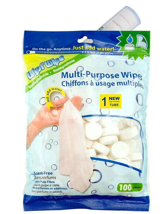Multi-Purpose Wipes - Just Add Water - 100 Compressed Tablets & 1 To Go Tube - Multipurpose All Natural Reusable Wipes - Biodegradable Towelettes - Hypoallergenic - Compostable - Scent-Free.