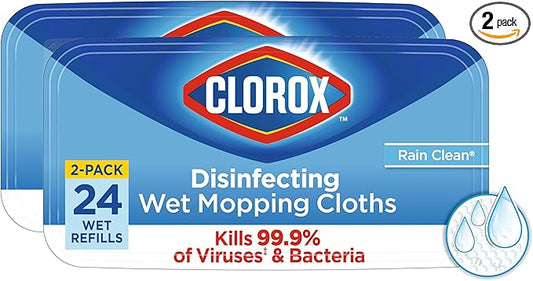 Clorox Disinfecting Wet Mop Pad, Disposable Mop Heads, Multi-Surface Floor Wipes, Rain Clean, 2 Packs, 24 Wet Refills Per Pack (Package May Vary)