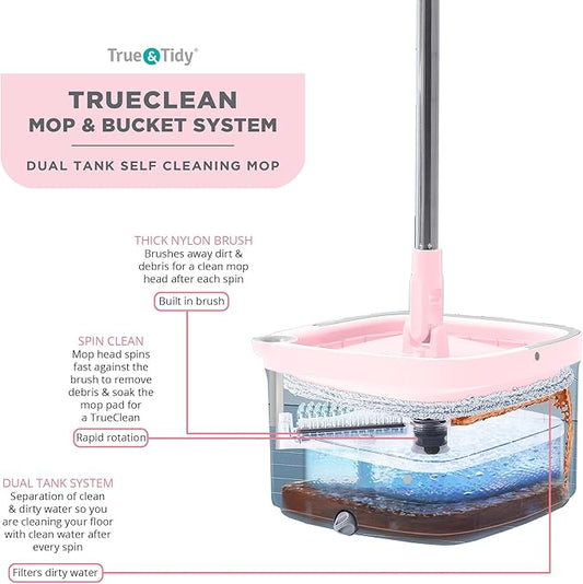 Square Spin Mop and Bucket Smart Floor Mop with Separate Compartments for Clean and Dirty Water, Self Cleaning with 2 Machine Washable Pads, First Launch Limited Edition Rose