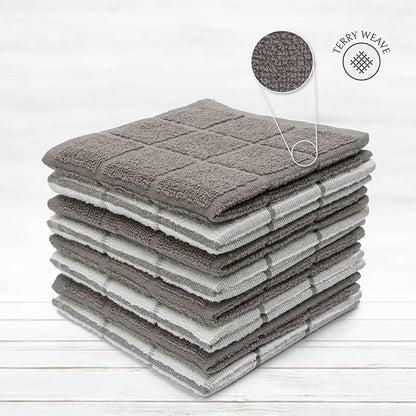 100% Cotton Dish Cloth for Dish Washing, Terry Dish Cloth, Cotton Dish Rags, 8 Pack, Super Soft and Absorbent,12"x12" inches, Reusable Cleaning Cloth,Grey (Solid and Checks)