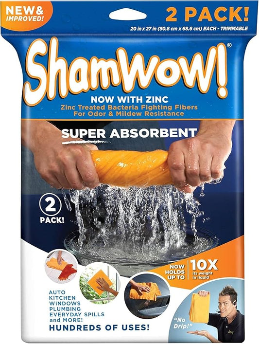 ShamWow Original Super Absorbent Multi-Purpose Cleaning Shammy Chamois Towel Cloth - Holds 10X its Weight in Liquid - Machine Washable - Will Not Scratch (2 Pack, Orange)