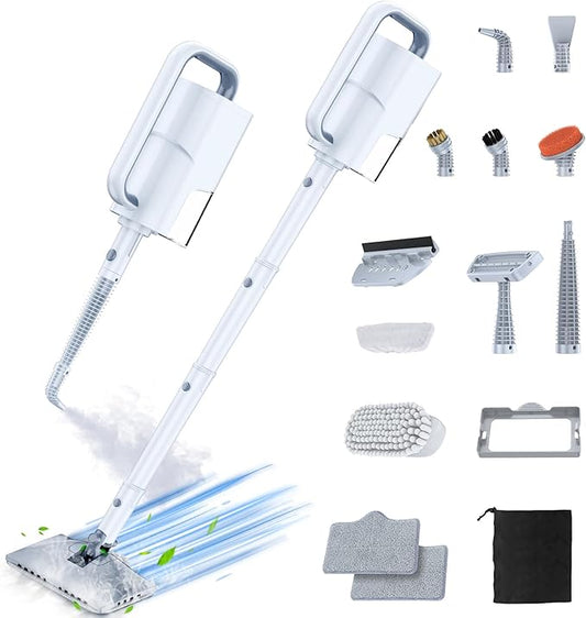 ScrubWiz Steam Mop Cleaner with Detachable Handheld Steamer, 12-in-1 Multi-purpose Accessories, Washable Microfiber Pads, 350ml and 2 Adjustable Levels for Cleaning Floor, Carpet, Tiles, and Grout