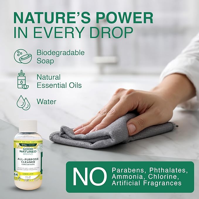 Good Natured Brand All-Purpose Cleaner Concentrate + 16 oz Bottle | Multi-Surface Cleaner | Natural Lemon Essential Oil | Multipurpose Cleaner All Surfaces | Lemon Love | 4oz makes 64oz