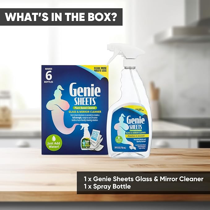 Genie Sheets Glass & Mirror Cleaner | 1 Bottle with Foaming Sprayer + Concentrate Makes 6 24oz Refills | Professional-Strength | Just Add Water | Sustainable EcoFriendly Plant-Based