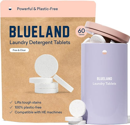 BLUELAND Laundry Detergent Tablets, Starter Set, 60 Count with Tin, Plastic-Free Eco-Friendly Pods, Sheets, Liquid Alternative - Fragrance Free and Clear, Natural, Gentle