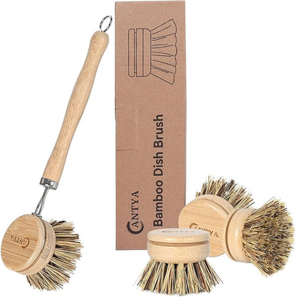 Bamboo Dish Scrubber - Hard Bristles, Natural Dish Brush with Handle 4 Replacement Heads, Compostable & Sustainable, Kitchen Brush for Cleaning Dishes, Pots and Pans
