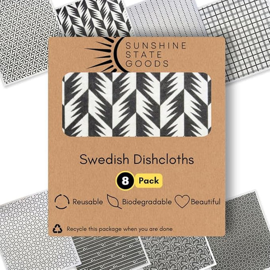 Swedish Dishcloths - Ecofriendly Reusable Paper Towels, Biodegradable Dish Cloths - Cellulose Sponge Dish Cloths for Washing Dishes - 8 Pack (Black & White)