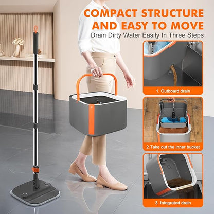 Upgraded Spin Mop and Bucket Set Self-Standing Rod Separate Dirty and Clean Water System Self Wringing 360° Rotating 90° Foldabl for Hard Floor Cabinet Windows Wall（Dark Gray, 6Pads