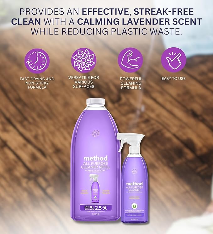 Method French Lavender Scent All Purpose Cleaner Spray 28 oz + 68 oz Refill Bundle with Microfiber Cloth - Multi Surface Cleaner Spray - Plant-Based Cleaning Power - Biodegradable Formula - (3 Items)
