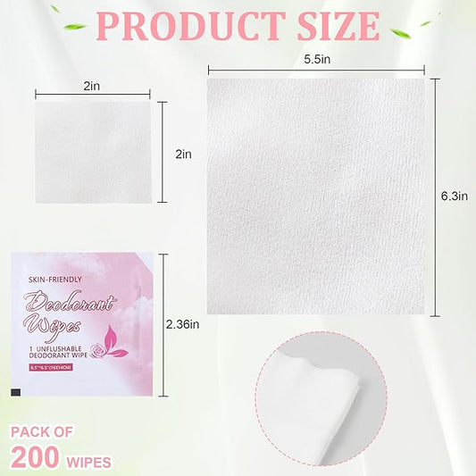 200Pcs Travel Deodorant Wipes, Travel Size Mini Deodorant Wipes Bulk for Homeless, Individually Wrapped Body Cleaning Supplies for Women Wet Armpit for Body Cleaning Rose