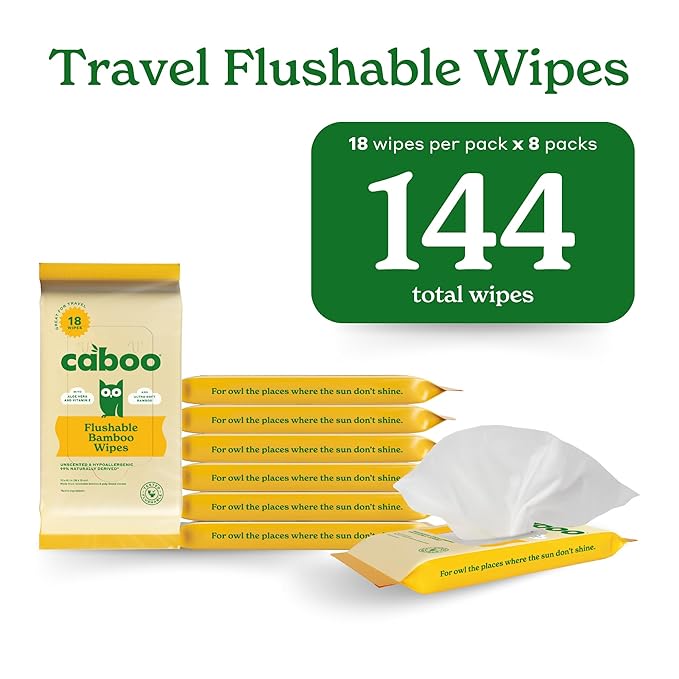 Caboo Tree Free Flushable Wipes, Travel Wipe, Certified Flushable, Septic Safe, Biodegradable Wipe for Adults, Pack of 8, Total of 144 Travel Toilet Wipes