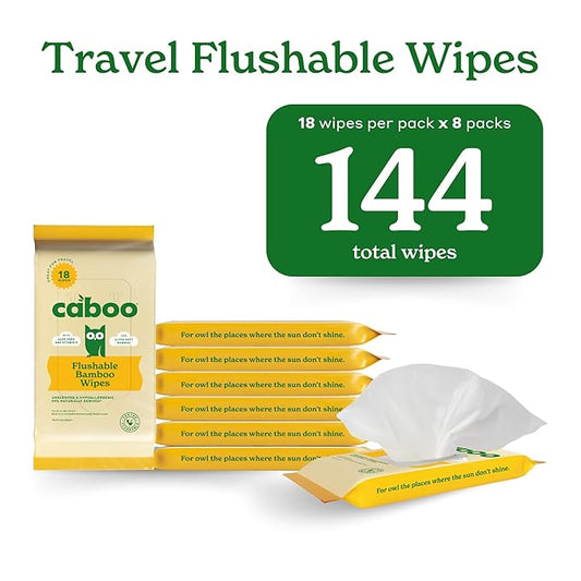 Caboo Tree Free Flushable Wipes, Travel Wipe, Certified Flushable, Septic Safe, Biodegradable Wipe for Adults, Pack of 8, Total of 144 Travel Toilet Wipes