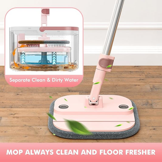 Upgraded Spin Mop and Bucket Self-Standing Mop Bucket Separate Dirty and Clean Water System Self Wringing 360° Rotating & 90° Foldabl Mops and Buckets for Floor Cleaning (Pink, 14Pads)