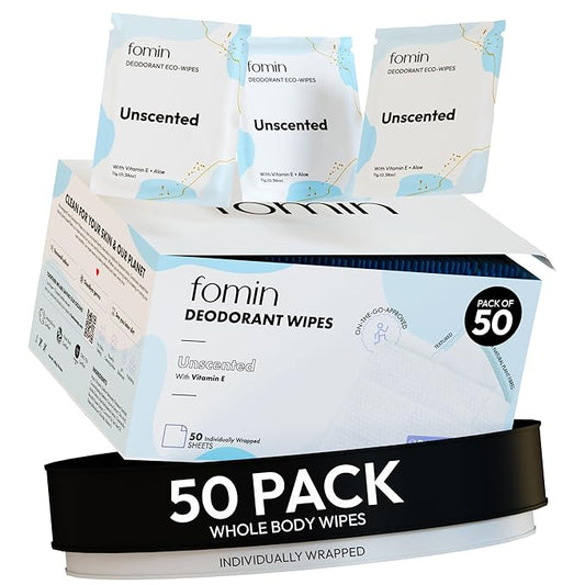 FOMIN Travel Deodorant Wipes - 50 Count - Unscented - pH Balanced, Hypoallergenic Mini Deodorant Wipes For Women and Men - Plastic-Free, Individually Wrapped Underarm & Body Wipes