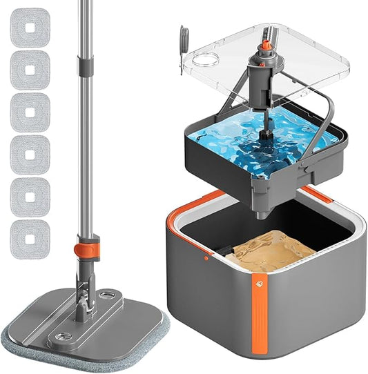 Upgraded Spin Mop and Bucket System Set, Self Separate Clean and Dirty Water, Foldable Square Standing Mop Head with Microfiber Mop Pads, Detachable Bucket (Grey+Orange, Mop Set with 6PC Pads)