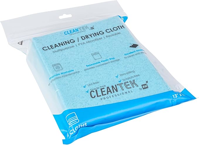 Clean Tek Professional 13 x 15 Inch Cleaning Cloths, 5 Reusable Cloth Towels - Machine Washable, Absorbent, Blue PVA Microfiber Cleaning Rags, Fast Drying, For Windows Or Cars - Restaurantware
