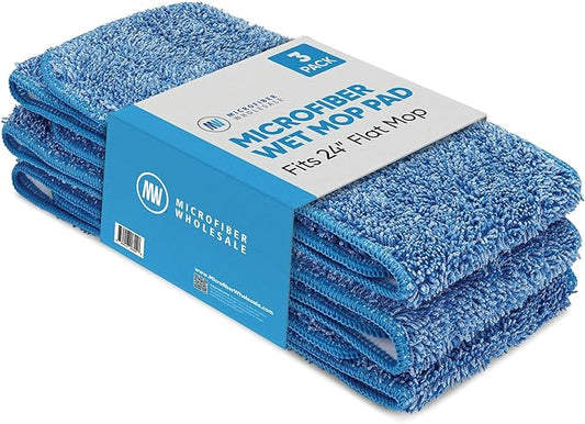 Microfiber Wholesale™ 24 inch Microfiber Mop Pads - Machine Washable, Reusable, Refills & Replacement Wet Mop Heads Compatible with Any Microfiber Flat Mop System (3 Pack)