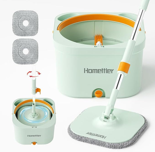 Spin Mop and Bucket with 2 Microfibra Replaceable Mop Pads, Self Separation Dirty and Clean Water System Self Wringing 360° Rotating Square Mop-Head (1 Bucket + 52'' Mop + 2 Microfibra Pads)