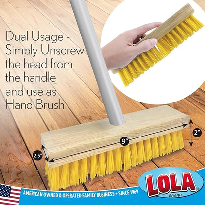 Lola Products Deck Scrub Brush Broom, 9" x 3.5" Wide, Durable Bristles Remove Dirt, Grime, Grout, Leaves, Snow on Patios, Decks, Wet or Dry, 1 Count