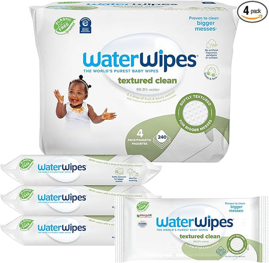 WaterWipes Plastic-Free Textured Clean, Toddler & Baby Wipes, 99.9% Water Based Wipes, Unscented & Hypoallergenic for Sensitive Skin, 60 Count (Pack of 4), Packaging May Vary