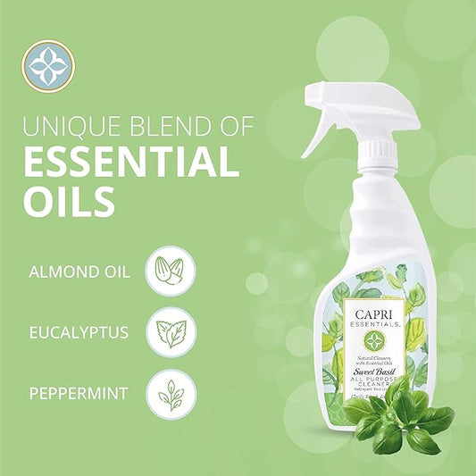 Sweet Basil All Purpose Cleaner Spray – Essential Oils Surface & Glass Cleaner – Herbal Scented Household Cleaning Supplies – All Natural Cleaning Products (23 oz)