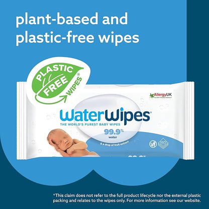 WaterWipes Plastic-Free Original 99.9% Water Based Wipes, Unscented & Hypoallergenic for Sensitive Skin, 60 Count (1 pack)