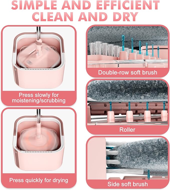 Upgraded Spin Mop and Bucket Self-Standing Mop Bucket Separate Dirty and Clean Water System Self Wringing 360° Rotating & 90° Foldabl Mops and Buckets for Floor Cleaning (Pink, 14Pads)