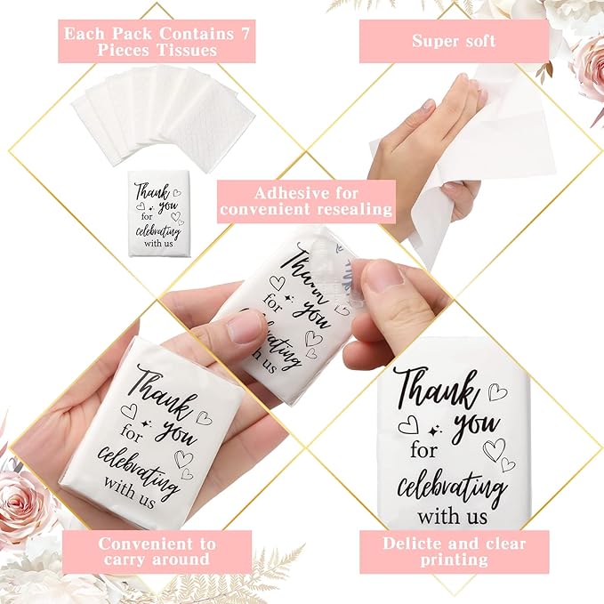 100 Pcs Wedding Facial Tissues Welcome Bags Mini Pocket Tissues Travel Size Wedding Favors for Guests 3 Ply Thank You for Celebrating with Us Celebration Graduation (Minimalist)