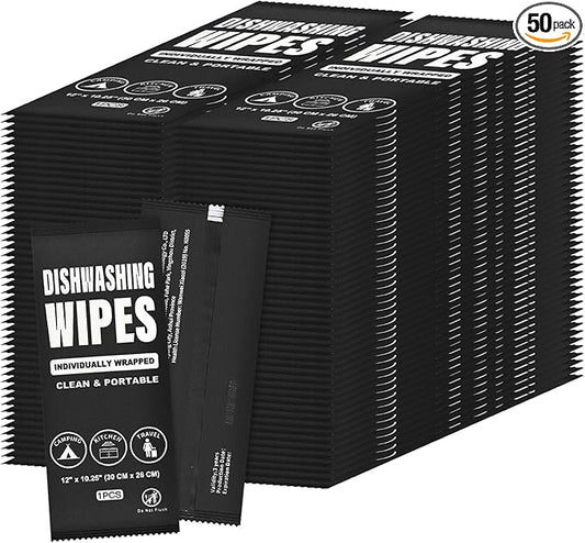 Dish Wipes Individually Wrapped, Portable Kitchen Disposable Wipes Bulk Travel Size Dishwashing Wipes for Outdoor Traveling/Camping/Hotel （12 x 10.2 inch,50Pack)