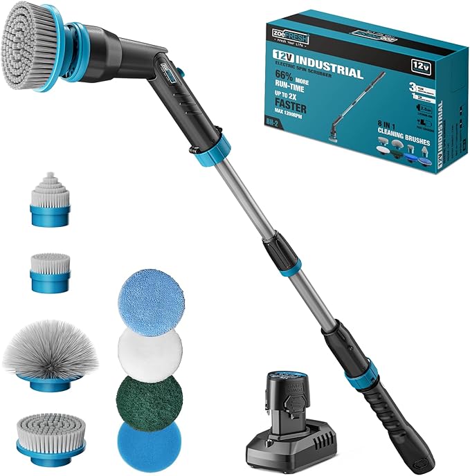 1200RPM Electric Scrubber with 12V Battery, 49 Inch Handle, 8 Brush Heads, Ideal for Arthritis, Cleans Bath/Shower/Tub/Floor