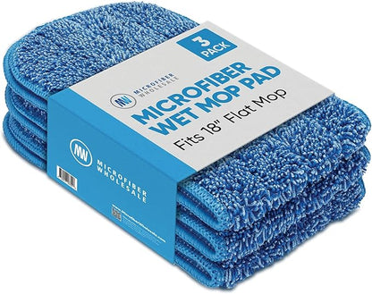 Microfiber Wholesale™ 18 inch Microfiber Mop Pads - Machine Washable, Reusable, Refills & Replacement Wet Mop Heads Compatible with Any Microfiber Flat Mop System (3 Pack)