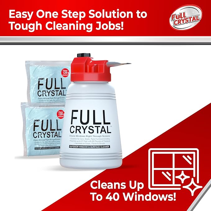 Full Crystal Kit - Bottle, Lid with Hose Attachment, and Two 4 oz. Crystal Powder Exterior Window Cleaner Packets for Glass and Screens (Cleans Up to 40 Windows)