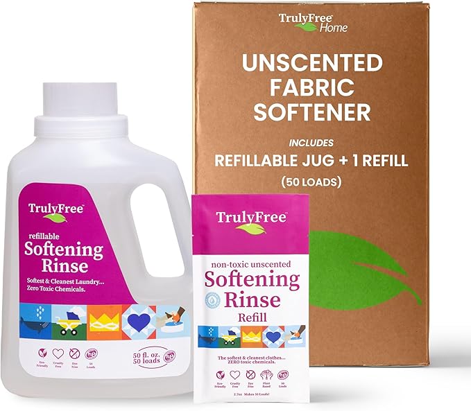 Fabric Softening Conditioner for Clothes| Safe for Babies & Kids with Sensitive Skin | Plant-Based | Include 1 Refillable 50oz Bottle with Measuring Cap| Unscented Rinse(50 Loads)