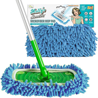 Molly's Marvelous Microfiber Mop Pads – 2-Pack Reusable & Washable Pads for Wet & Dry Cleaning – Fits Most 4.5x11 Flat Mop Heads – Super Absorbent, Eco-Friendly Floor Cleaning Solution